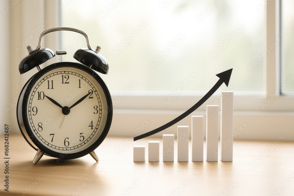 Poster black vintage alarm clock next to wooden table with growing bar graph symbolizing time management an