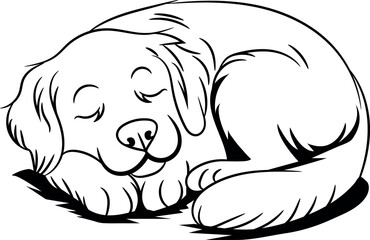 sleeping dog illustration created in a simple black-and-white coloring book style. This cute puppy line art vector is perfect for children’s coloring pages.Dog Vector Line Art.