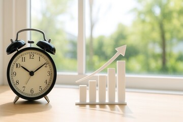 Vintage Alarm Clock Positioned Next to a Rising Graph Chart Symbolizing Time Management in Business and Financial Growth in a Bright Workspace