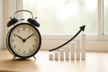 Black vintage alarm clock next to wooden table with growing bar graph symbolizing time management and productivity concept in a modern workspace