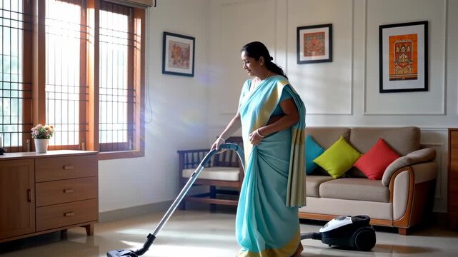 Indian Housewife in blue sari vacuuming the living room with vacuum cleaner near sunlit window.
