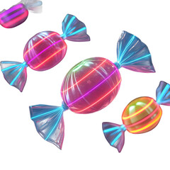 Glowing Neon Wrapped Candies Floating candy sweets isolated on a transparent background