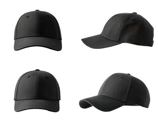 Four views of a plain black baseball cap