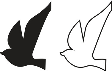 Bird silhouette flat and outline icons set, flying bird shapes, sparrow pigeon dove crow hummingbird seagull black vectors, nature wildlife illustration symbols isolated on transparent background.