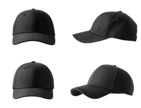 Four views of a plain black baseball cap