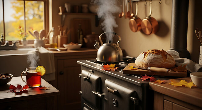 A cozy autumn kitchen scene with tea, kettle, bread, and warm light creating a rustic atmosphere