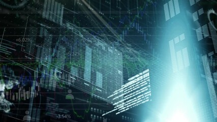 Spot of light and digital interface with data processing against spinning globe on blue background - Powered by Adobe