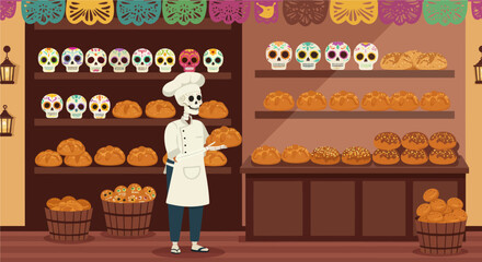 A delightful flat design illustration of a Mexican bakery, featuring a skeleton baker surrounded by decorative sugar skulls and traditional pan de muerto