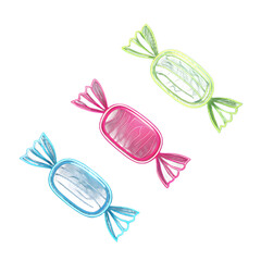 Three Wrapped Candies in Blue Pink and Green sweets isolated on a transparent background