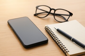 Workspace with Smartphone, Glasses, Notebook, and Pen on Wooden Surface for Productivity and Creativity in a Modern Environment