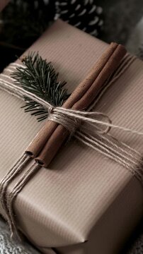 Rustic dark-toned Christmas gift wrapped in kraft paper, tied with twine, topped with cinnamon sticks and pine sprig.