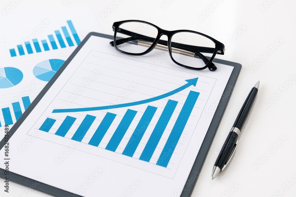 Poster business growth chart and graphical data representation with glasses and pen on a table for professi