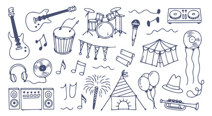 Music festival doodle elements collection guitar electric guitar