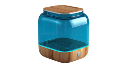 Square teal-colored glass humidifier with a wooden lid and base.  Light blue liquid inside