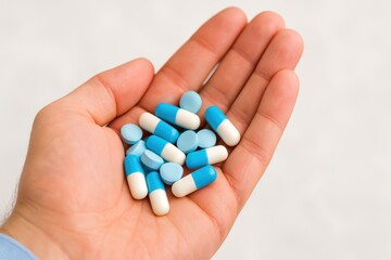 Hand Holding Assorted Blue and White Capsules and Pills in Palm Over Light Background