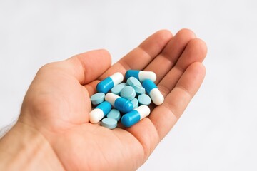 A close-up view of a hand holding a variety of blue and white capsules and pills showcasing healthcare and medication for health-related concepts