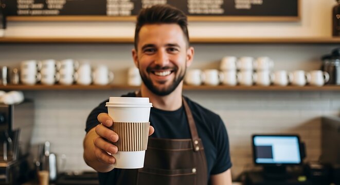 Smiling barista offering takeaway coffee cup inside of a cozy and inviting coffee shop