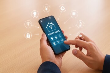 Smart Home Technology Concept with Mobile App Demonstrating Control over Connected Devices and Home Automation Features