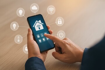 Smart Home Technology Concept with Smartphone and Digital Control Icons for Modern Living and Automation Solutions