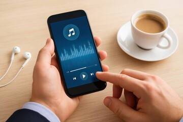 Person Holding Smartphone with Music Player Interface and Coffee Cup on Table in Modern Workspace Setting