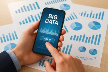 Smartphone with Big Data Interface and Charts on Table, Highlighting Data Analysis and Business Insights in Modern Technology Environment
