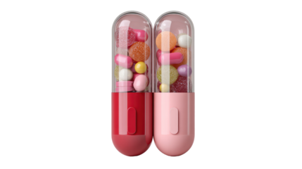 Two translucent capsules, red and pink, filled with assorted colorful candies and pills