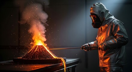 Scientist in protective suit working near simulated volcano model with molten lava and smoke