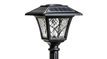 Solar-powered outdoor lantern with a dark gray metal body and a clear glass shade with diamond-shaped patterns.  Solar panels are on top