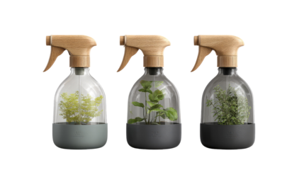 Three clear glass spray bottles, each with a light wooden top, holding small potted herbs