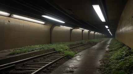 Overgrown Subway Tunnel with Fluorescent Lighting