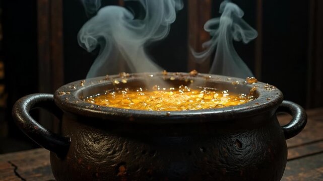Mystical old witch cauldron bubbles with glowing potion and ethereal steam, perfect for spooky Halloween video footage and fantasy scenes