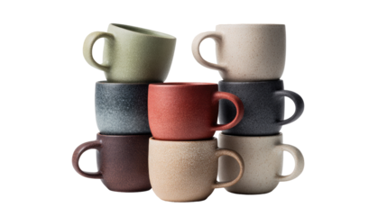 Stacked small coffee cups in various muted tones