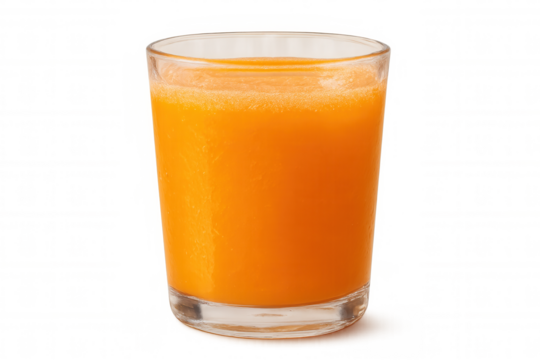 Glass of fresh carrot juice isolated on transparent background, promoting healthy lifestyle and refreshment