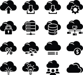 Collection of cloud computing icons representing various services and functions