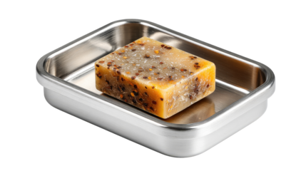 Rectangular stainless steel soap dish holding a bar of  light yellow-orange soap speckled with dark seeds