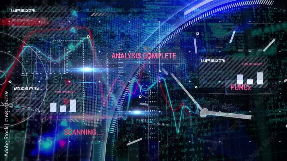 Poster digital animation of digital interface with data processing against blue background