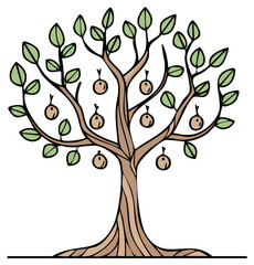 Whimsical Cartoon Tree with Light Brown Trunk and Green Leaves Bearing Round Fruits