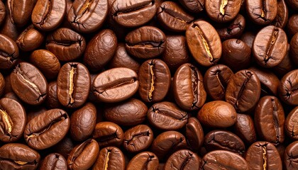 Close-up of roasted coffee beans showing their texture, color variations, and oval shapes, filling the frame.