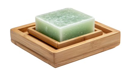 Light-green bar soap in a nested bamboo soap dish