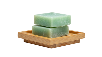 Two light-green soap bars stacked on a small wooden dish