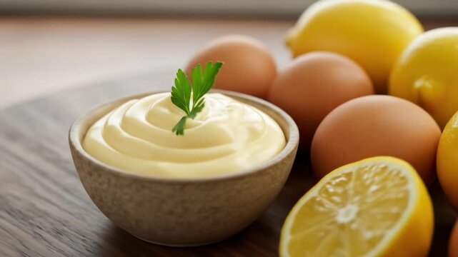 Creamy sauce with lemon and egg still life culinary photography