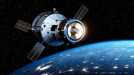 Spacecraft Orbiting Earth with Illuminated Docking Module