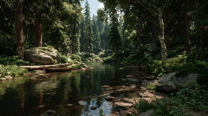 Fototapeta premium Serene Forest River: Sunlit Tranquility, Wooden Rowboat Docked at Mossy Shore, Lush Greenery, Realistic Digital Painting