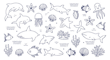 Underwater sea life doodle elements collection dolphin © MdAzgor
