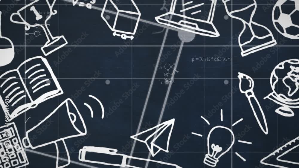 Poster animation of icons and math formulas on navy background