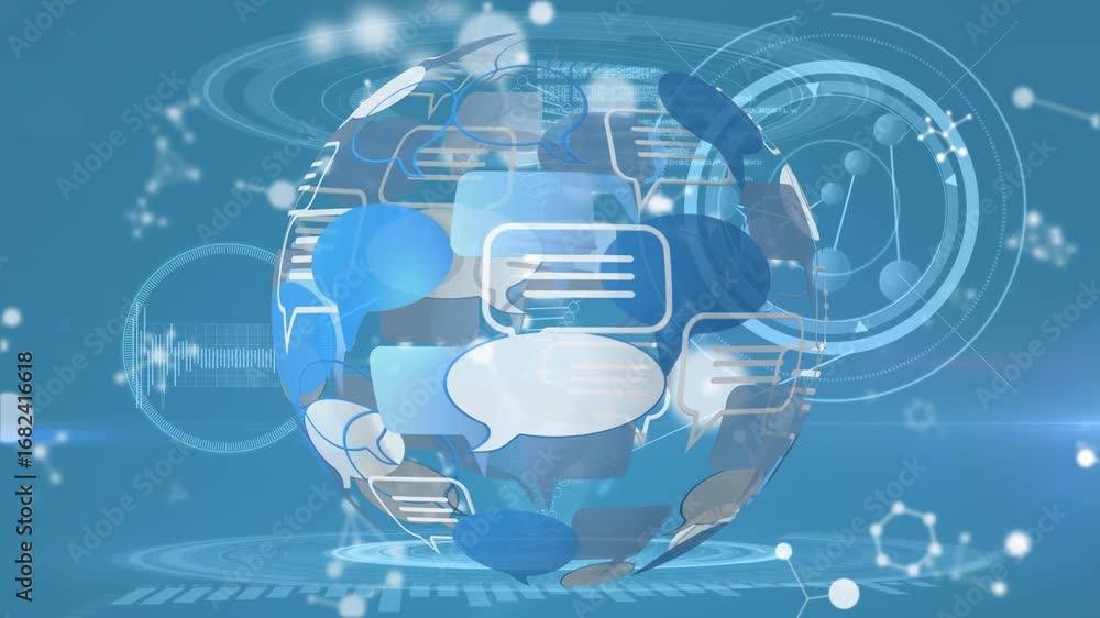 Aufkleber molecular structures floating over globe of message icons spinning against blue background