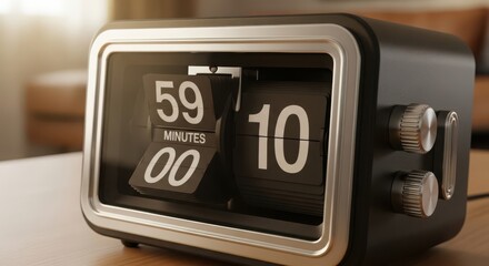 Retro flip clock on a wooden table, displaying 00 minutes and 59 seconds, with a modern yet vintage design and clear digits