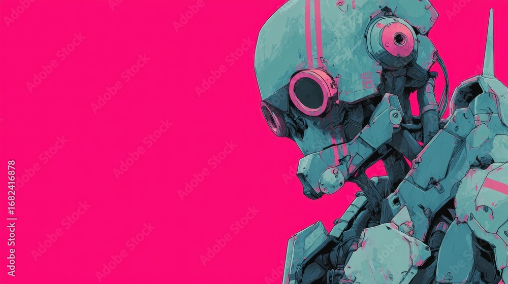 Poster futuristic robot with vibrant pink background exploring technology and design in a digital art style