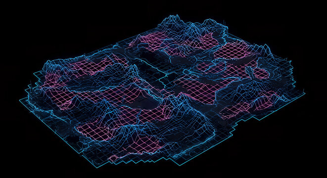 digital terrain model showing futuristic landscape with grid lines for urban planning data visualization technology