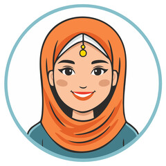 Smiling woman in traditional attire, wearing headscarf and ornament,  illustrated in a round frame.